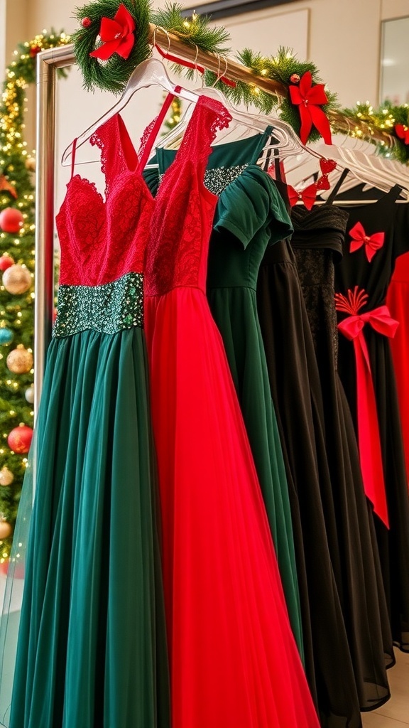 A variety of stylish Christmas dresses for high school students displayed with holiday decorations.
